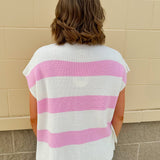 Jet Set Color Blocked Stripe Knit Top featuring pink and off-white stripes, U-neckline, and slay sleeves in a lightweight knit.