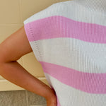 Jet Set Color Blocked Stripe Knit Top featuring pink and off-white stripes, U-neckline, and slay sleeves in a lightweight knit.