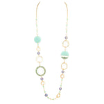 Joyce Modern Circle Long Necklace featuring aqua blue stones and circular accents on a delicate beaded chain.