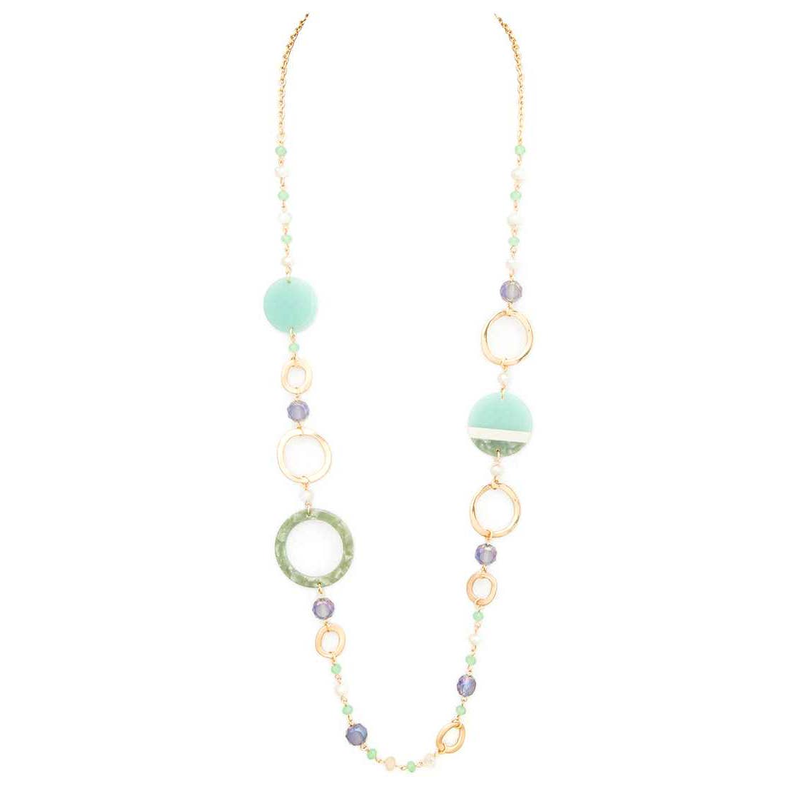 Joyce Modern Circle Long Necklace featuring aqua blue stones and circular accents on a delicate beaded chain.
