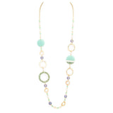 Joyce Modern Circle Long Necklace featuring aqua blue stones and circular accents on a delicate beaded chain.