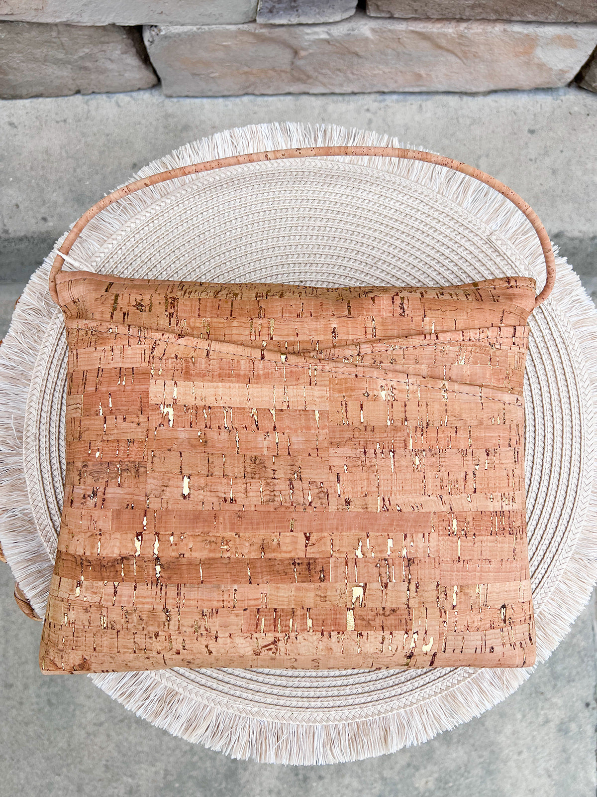 Large cork crossbody bag with gold fleck detail and crisscross pockets