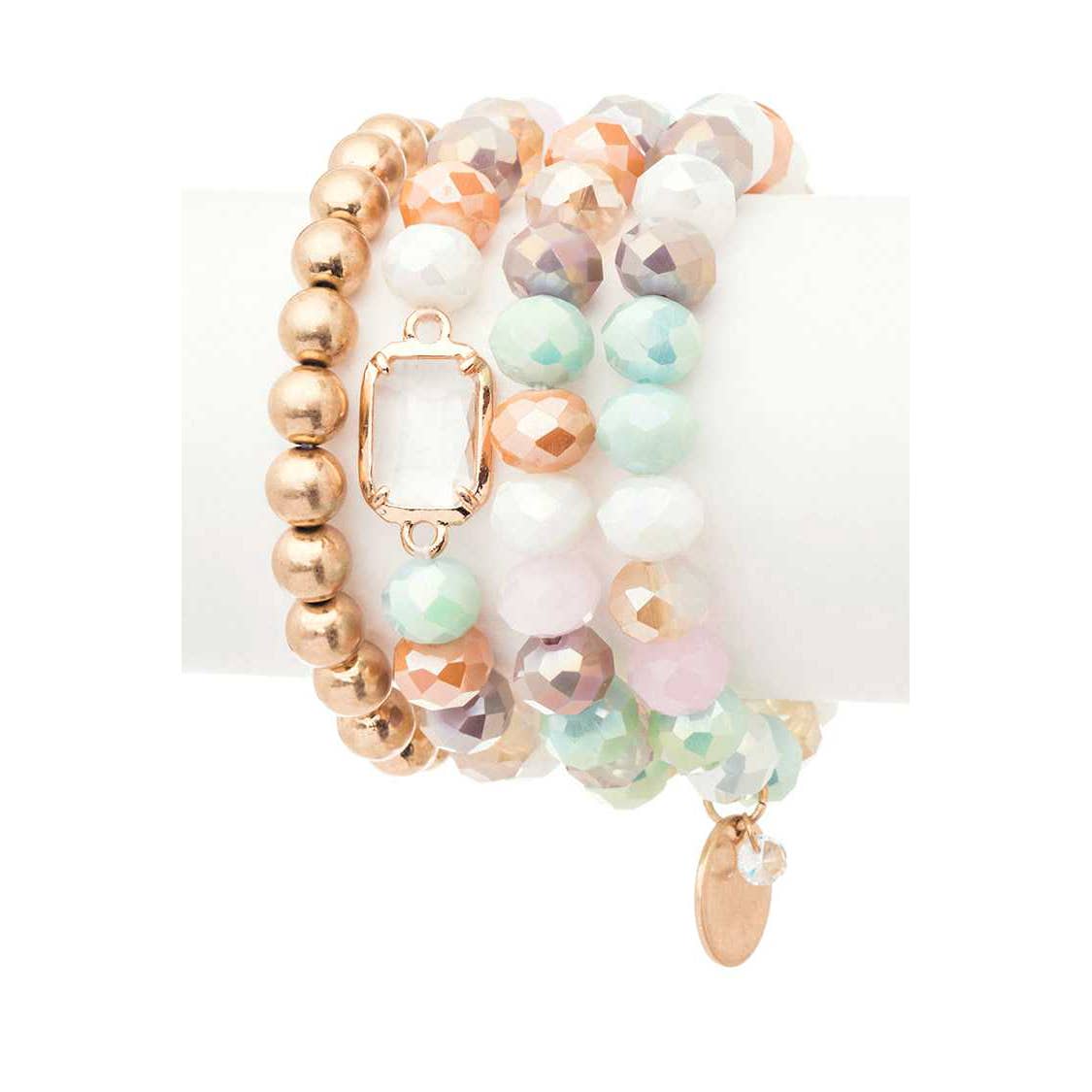Lainey Mixed Beads 4 Row Stretch Bracelet Set featuring four beaded bracelets in various colors.