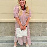 Garnet and cream striped midi dress with lantern sleeves, V-neckline, side slits, and horizontal stripe contrast at hem and sleeve cuffs