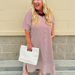Garnet and cream striped midi dress with lantern sleeves, V-neckline, side slits, and horizontal stripe contrast at hem and sleeve cuffs