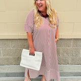 Garnet and cream striped midi dress with lantern sleeves, V-neckline, side slits, and horizontal stripe contrast at hem and sleeve cuffs