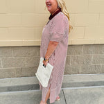 Garnet and cream striped midi dress with lantern sleeves, V-neckline, side slits, and horizontal stripe contrast at hem and sleeve cuffs