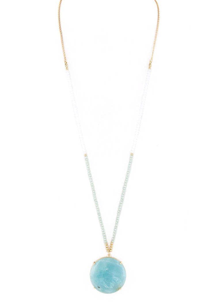 Lori Disk Pendant Necklace featuring a circular Amazonite pendant with a gold and light blue beaded chain.