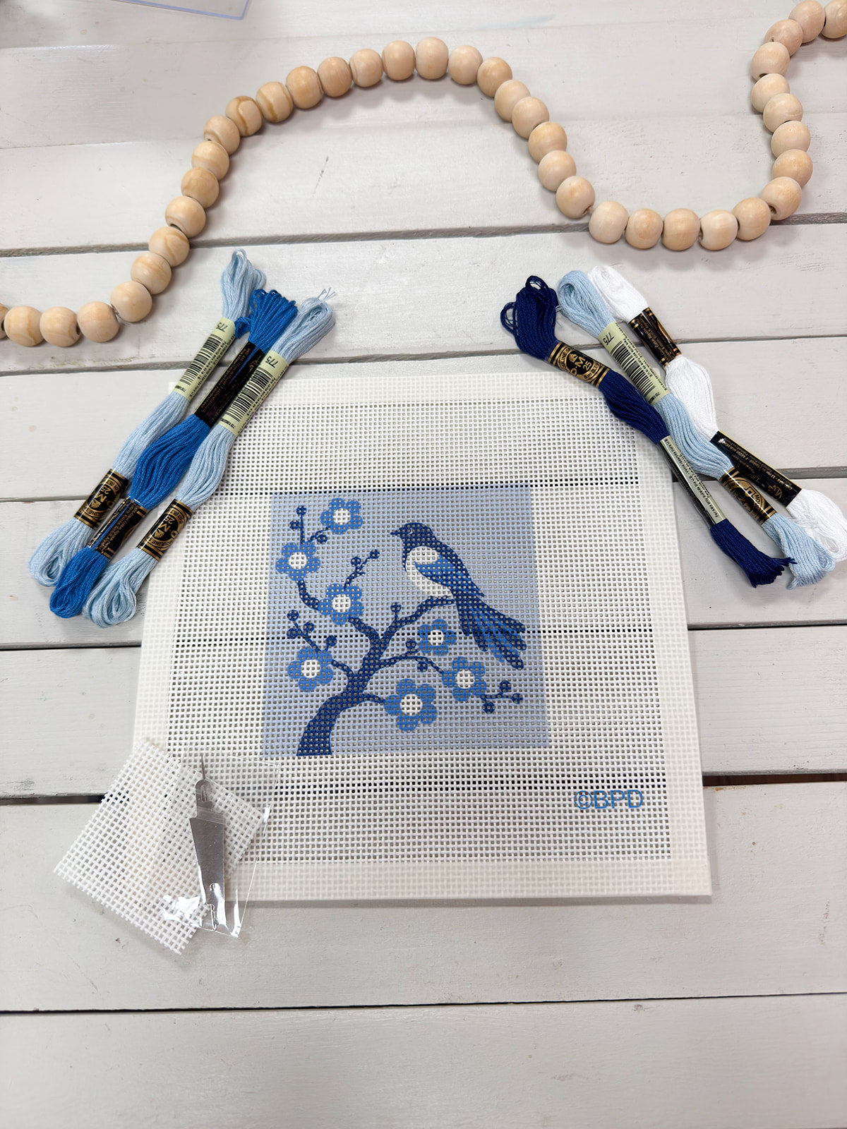 Magpie and blossom chinoiserie beginner needlepoint kit