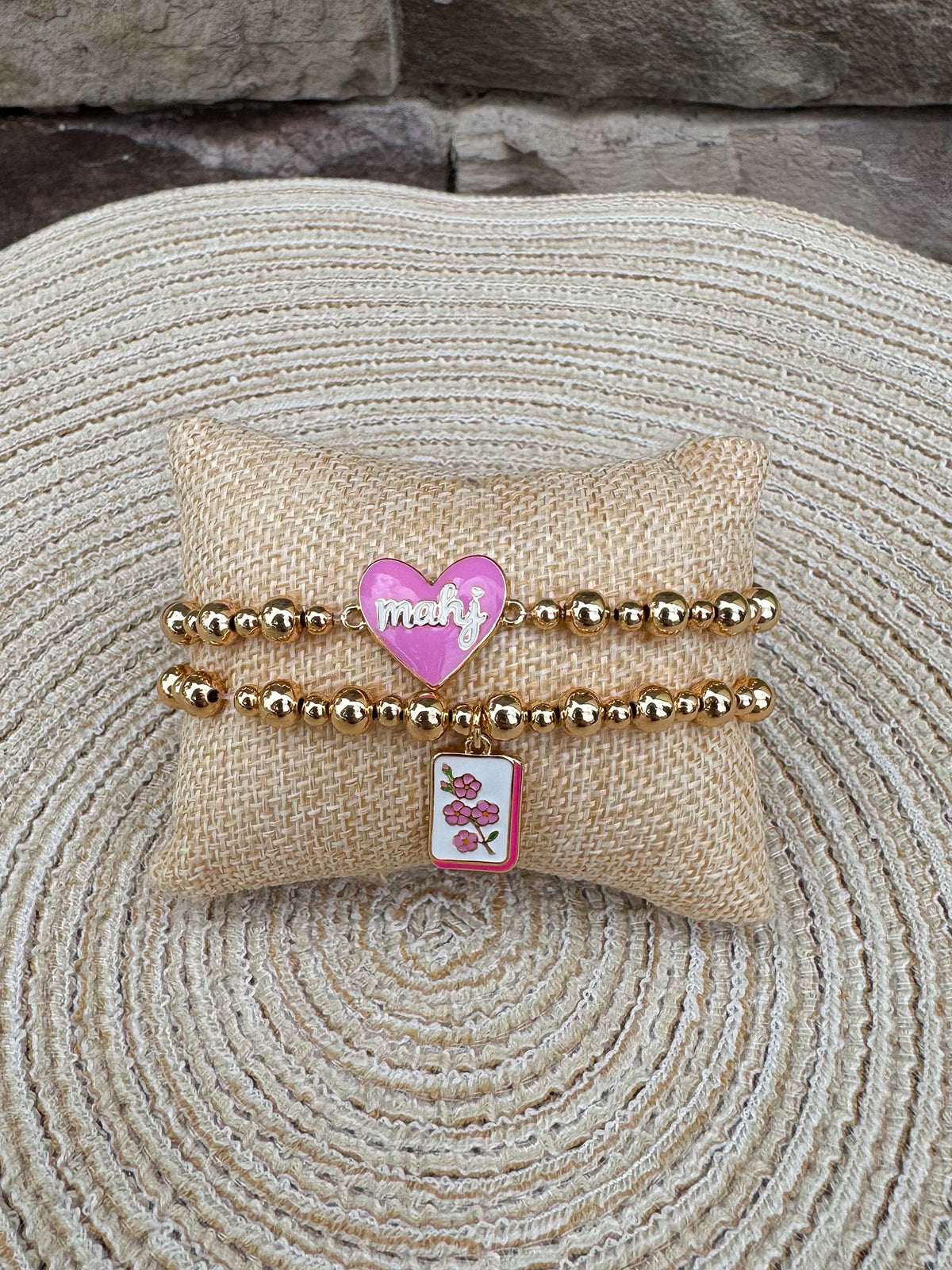 Mahj Cherry Blossom Tile Ball Bead Stretch Bracelet Set of 2 - The Pink Pineapple 850