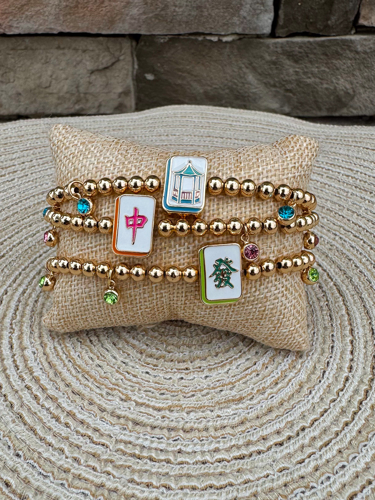 Mahjong Lucky Charms Gold Ball Bead Bracelet Set of 3 - The Pink Pineapple 850