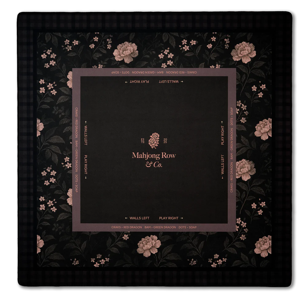 Dark mocha mahjong mat with soft peony floral details and an elegant botanical-inspired design