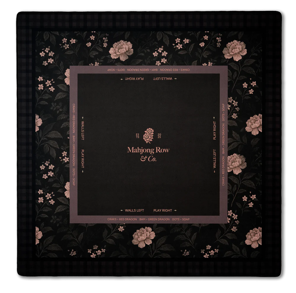 Dark mocha mahjong mat with soft peony floral details and an elegant botanical-inspired design