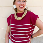 Burgundy and white striped short sleeve mockneck sweater