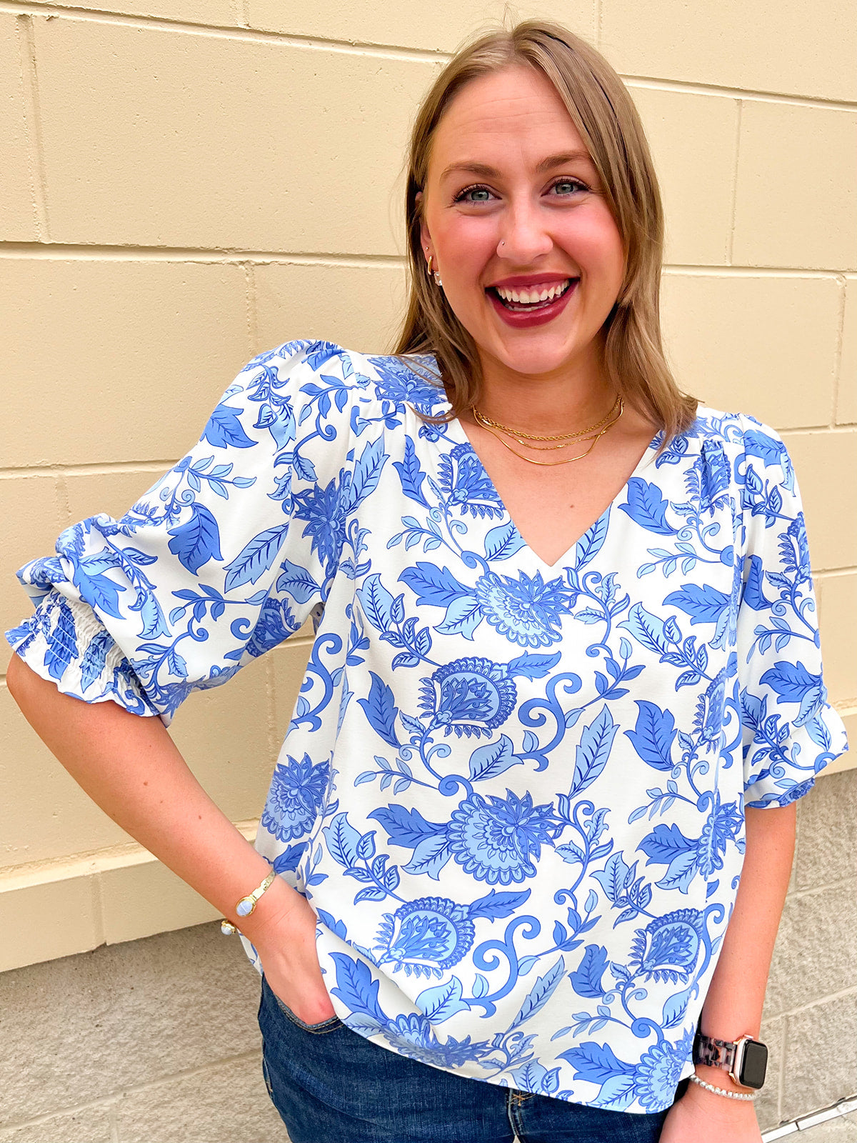 Blue and white floral puff sleeve top