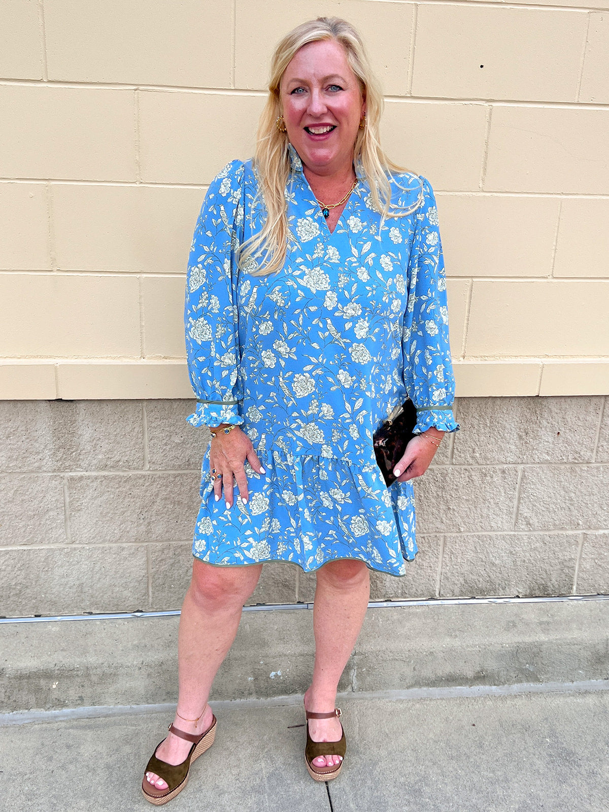 Song Bird Blue mini dress with songbird pattern, ruffle neckline, and button cuffs
