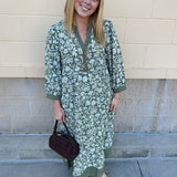 Mary Square Cameron Dress in Painted Trillium Olive with puff sleeves and a midi-length silhouette