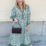 Mary Square Cameron Dress in Painted Trillium Olive with puff sleeves and a midi-length silhouette