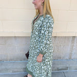 Mary Square Cameron Dress in Painted Trillium Olive with puff sleeves and a midi-length silhouette