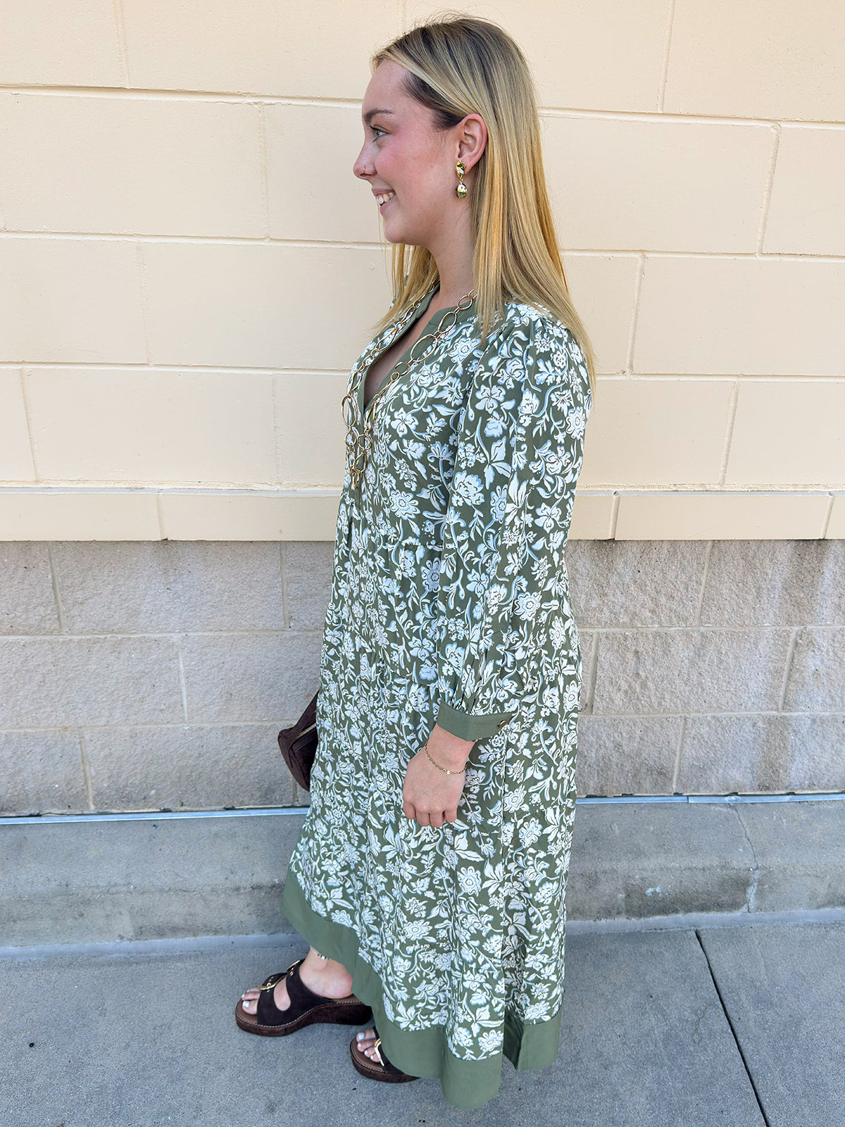 Mary Square Cameron Dress in Painted Trillium Olive with puff sleeves and a midi-length silhouette