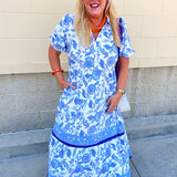 Blue and white porcelain print tiered midi dress