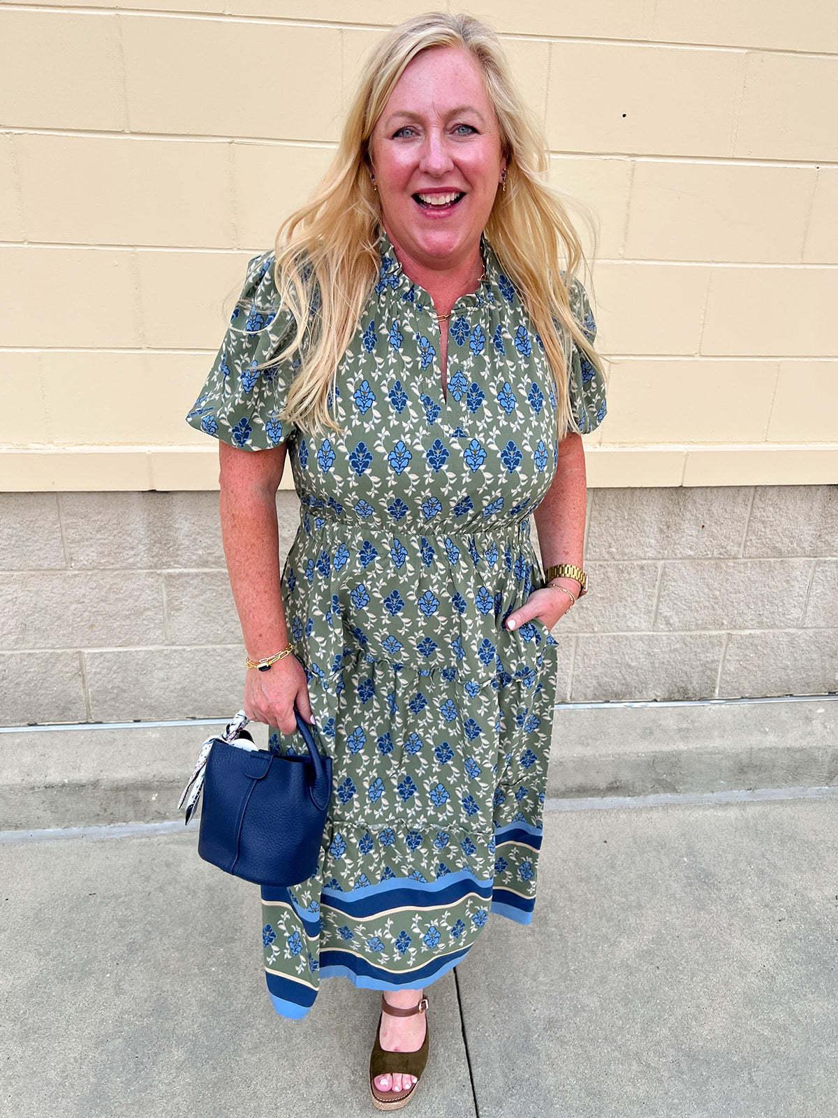 Lainey Midi Dress Orchid Damask Olive with dark green background, blue floral designs, white leaf accents, short sleeves, and ruffled collar