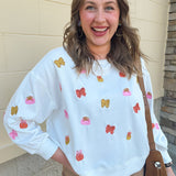 [Mary Square] Millie white sweatshirt with pink and gold bows and pumpkin patches