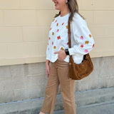 [Mary Square] Millie white sweatshirt with pink and gold bows and pumpkin patches