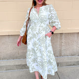 [Mary Square] Riley Midi Dress | Lacecap White  with white background, green botanical floral pattern, long sleeves, and five-button neckline