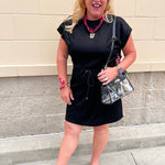 Black mini dress with short sleeves and adjustable waist tie