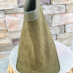 Milano Tote in olive faux suede with pink and red racer stripe