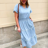 Blue striped midi dress with flutter sleeves and smocked waist