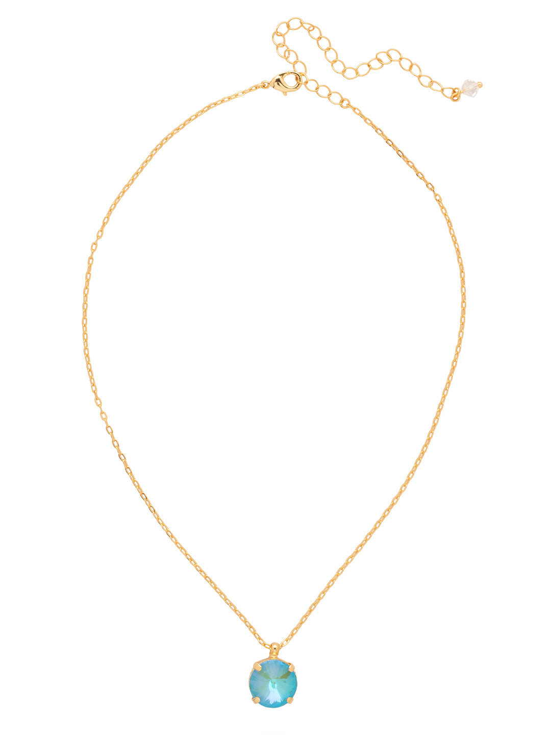 Gold-tone necklace with a single round-cut Summer Blue Delite crystal pendant on an adjustable chain.