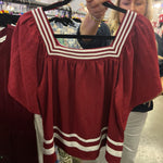 Garnet square neck woven top with white contrast tape on neckline and hem—lightweight and stylish for FSU gameday