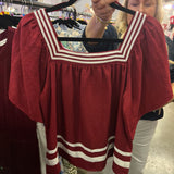 Garnet square neck woven top with white contrast tape on neckline and hem—lightweight and stylish for FSU gameday