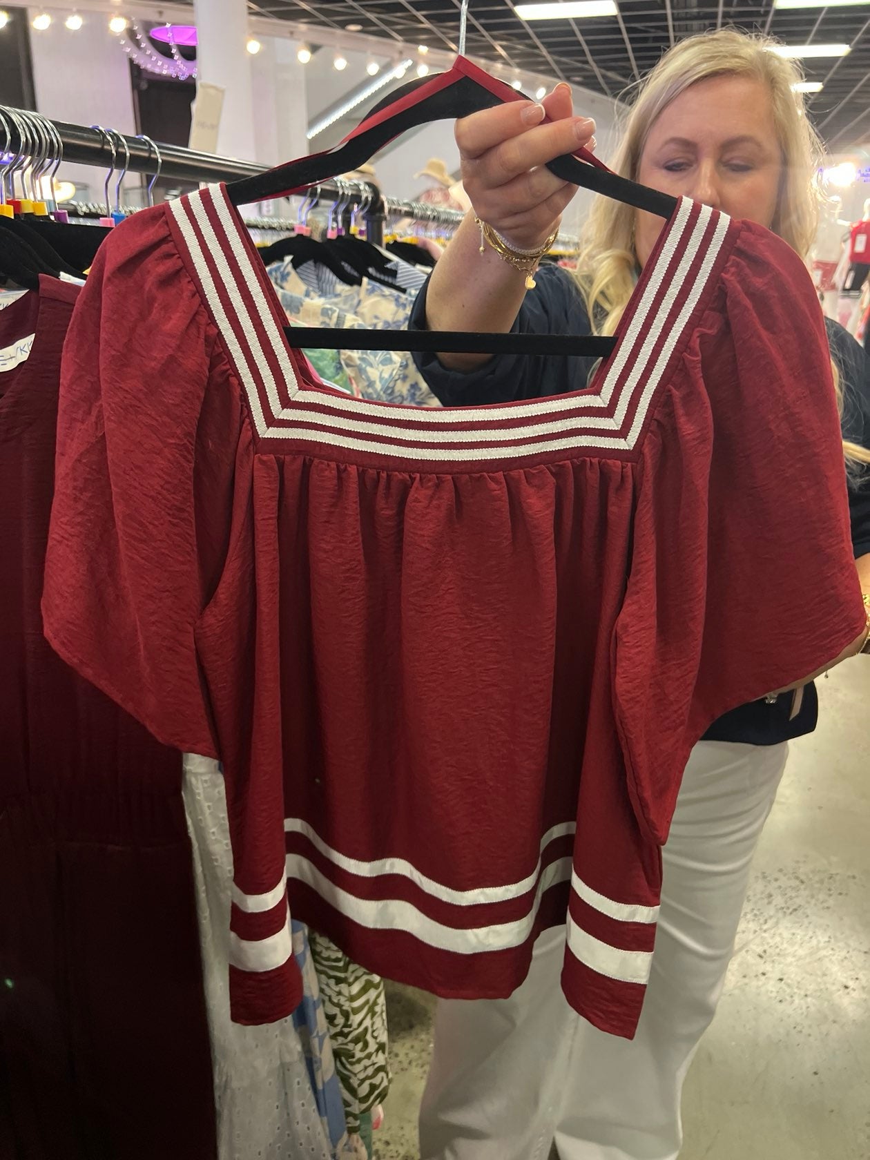 Garnet square neck woven top with white contrast tape on neckline and hem—lightweight and stylish for FSU gameday