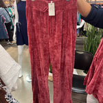 Ruby red knit matching set featuring wide leg drawstring pants and raglan sleeve crew neck top.