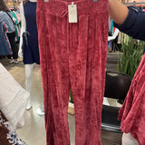 Ruby red knit matching set featuring wide leg drawstring pants and raglan sleeve crew neck top.