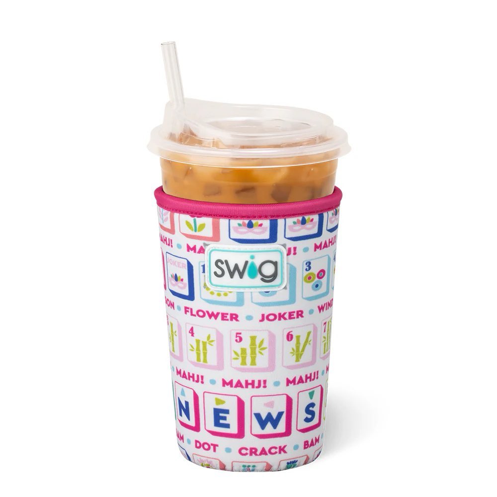Medium-sized iced cup coolie with a playful Mahjong tile print design, ideal for standard cold beverage cups.