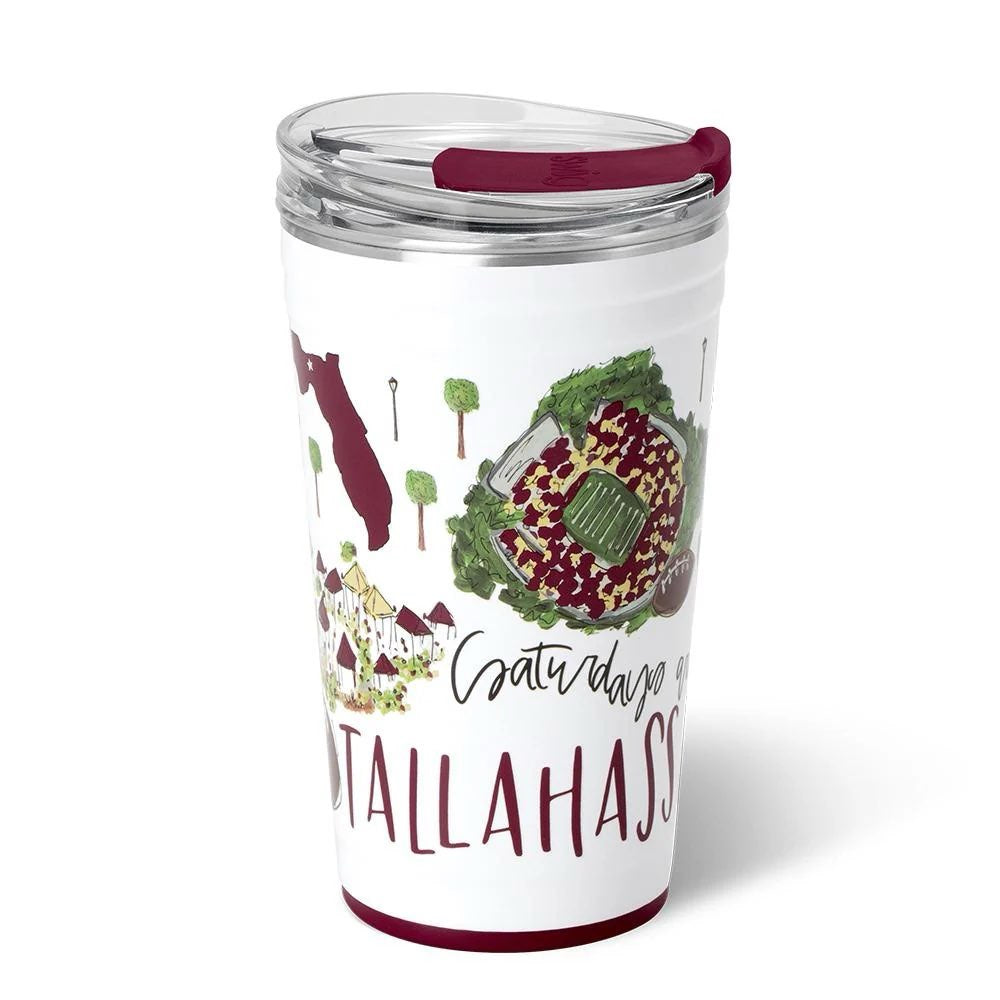 Swig brand 24oz insulated party cup featuring custom Tallahassee game day illustrations and a sliding lid