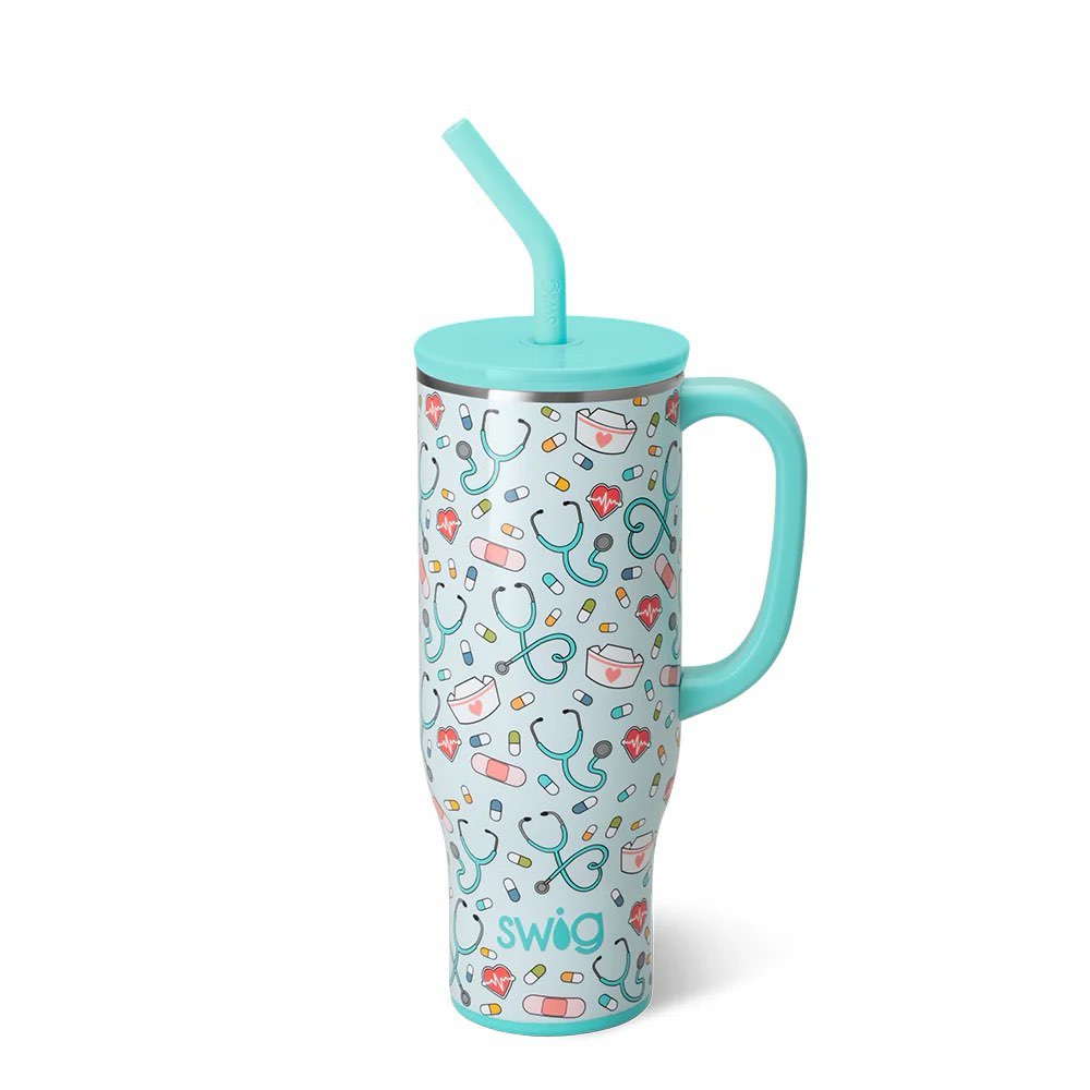 30oz stainless steel insulated mega mug with Scrub Life design, handle, and straw.