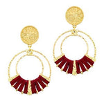 Gold double hoop earrings with garnet-threaded accents and gold stud top, perfect for adding subtle color and elegance.