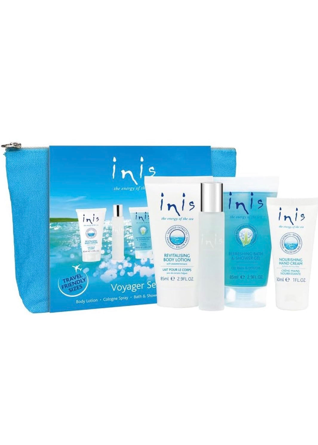 Aqua blue cotton cosmetic bag holding four travel-size Inis products: cologne, hand cream, shower gel, and body lotion.