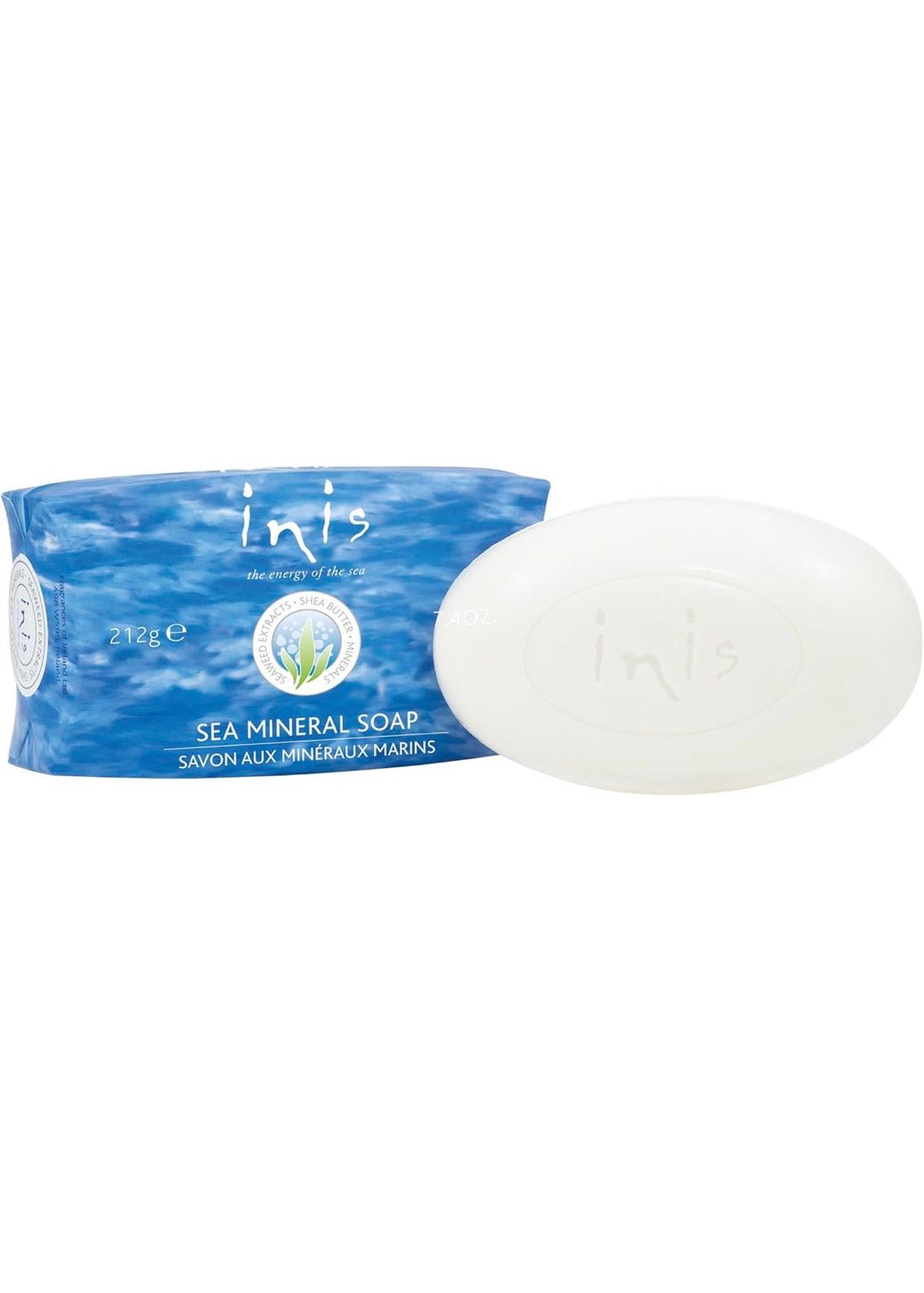 Inis large sea mineral soap bar in its signature coastal blue packaging, 7.4 oz size.

