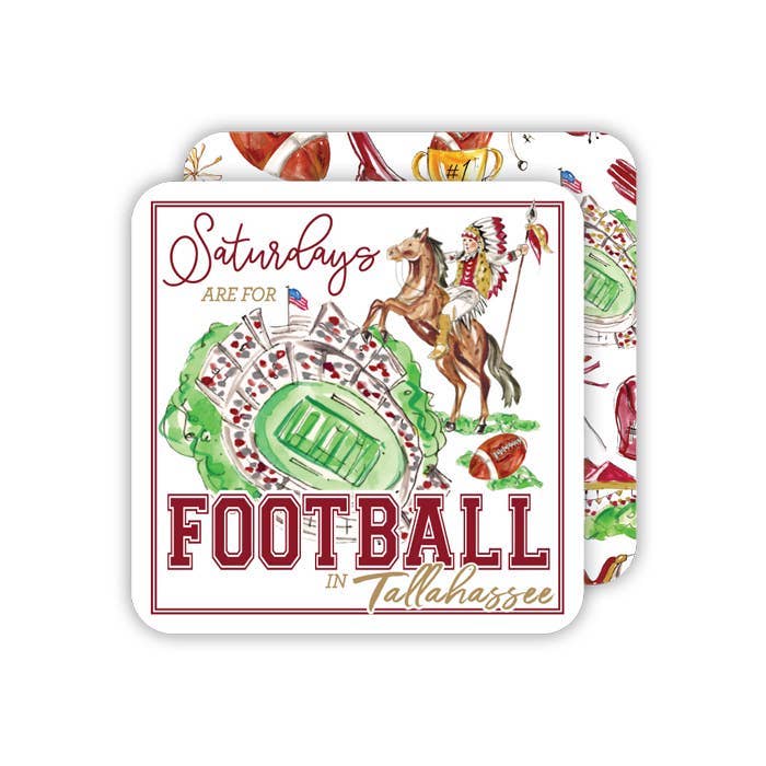 Double-sided coaster set featuring Renegade and Osceola design on one side and coordinating garnet-and-gold pattern on the other.