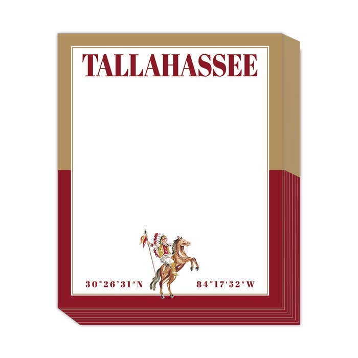 Stacked notepad featuring “Tallahassee” at the top, Renegade and Osceola artwork, garnet and gold border, and stadium coordinates at the bottom.