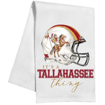 White cotton kitchen towel with painted football helmet featuring Osceola and Renegade, no border or edging.