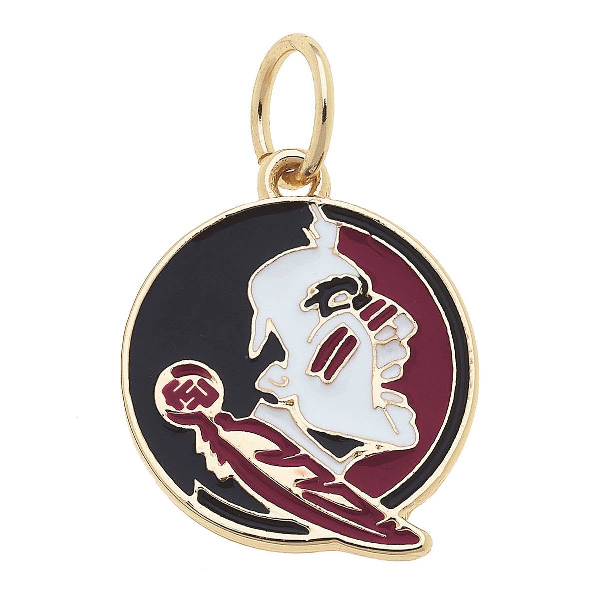 FSU Seminoles garnet and gold enamel logo charm on gold jewelry backing