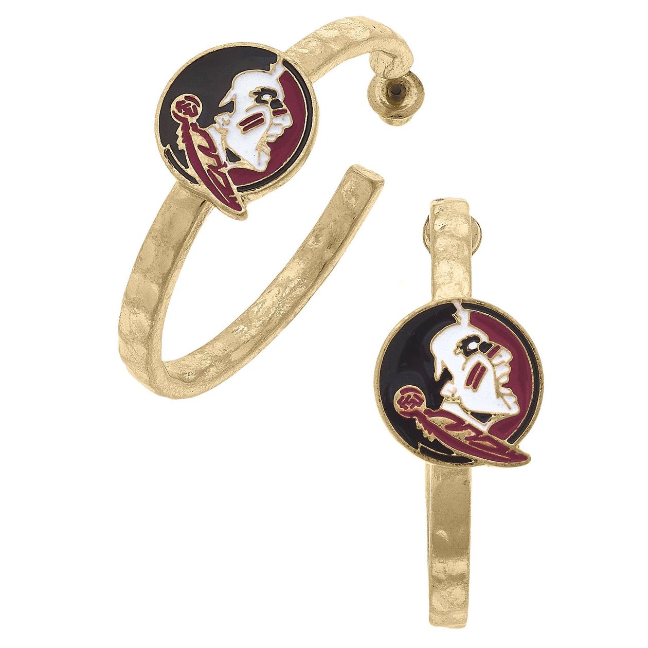 Gold hoop earrings with FSU garnet and gold enamel logo charms