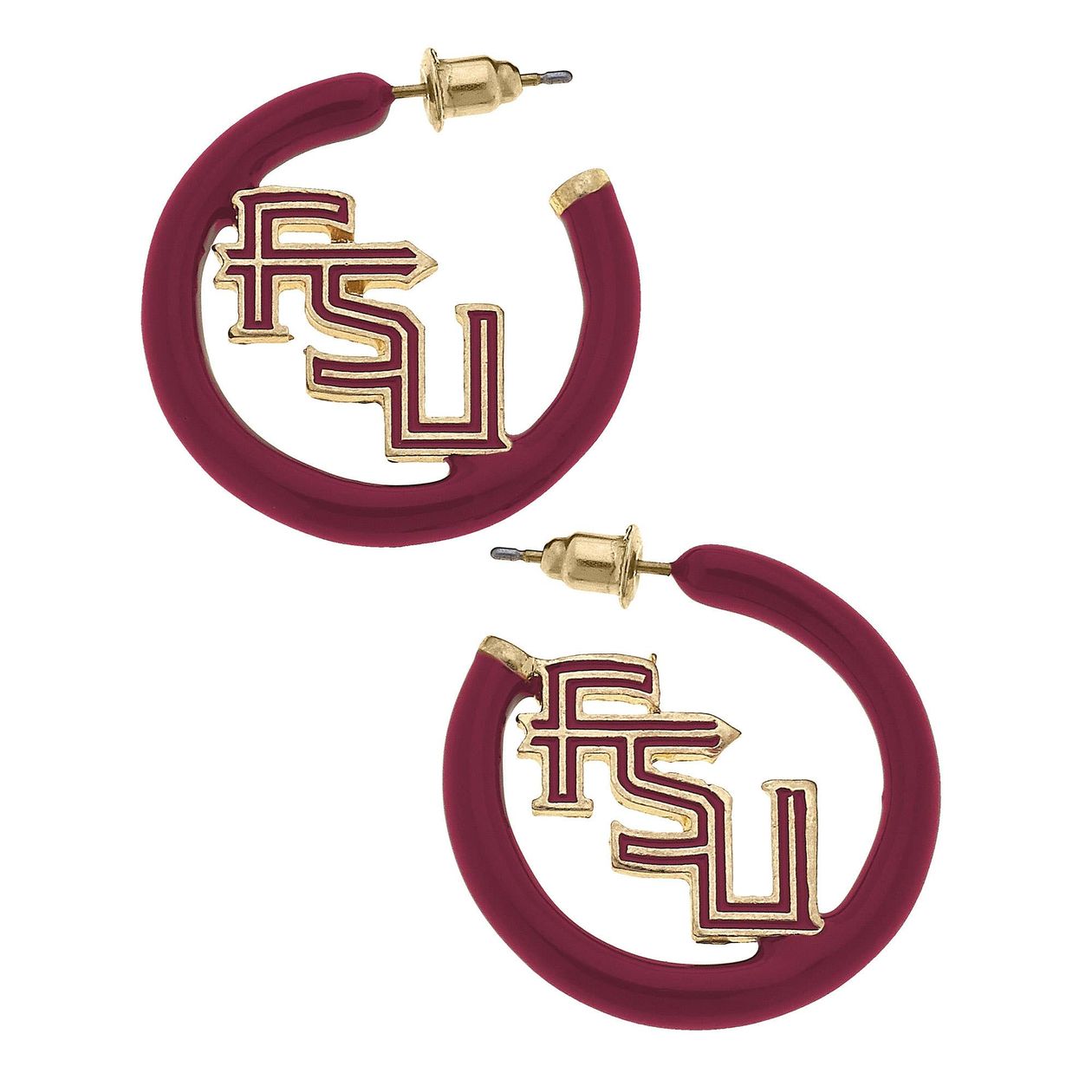 Gold hoop earrings with FSU garnet and gold enamel logo charms